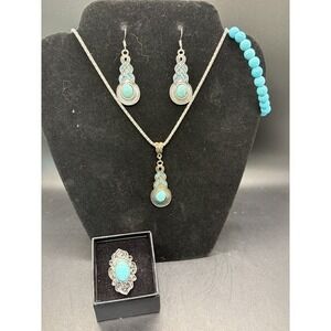 Turquoise & Silver-Tone Jewelry Set – Necklace & Earrings, Southwest Style